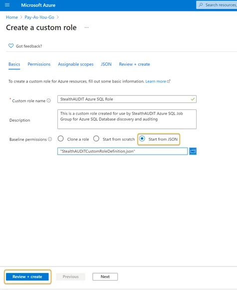Azure SQL Configuration - Create a Custom Role section