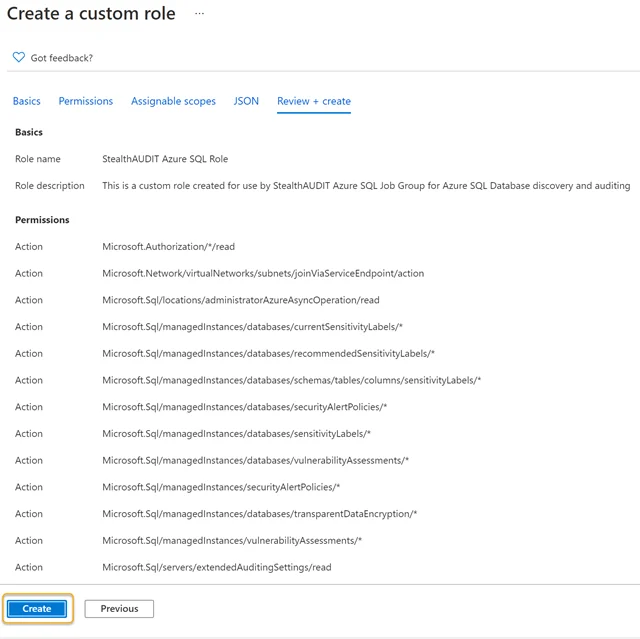Azure SQL Configuration - Create a Cusotm Role window