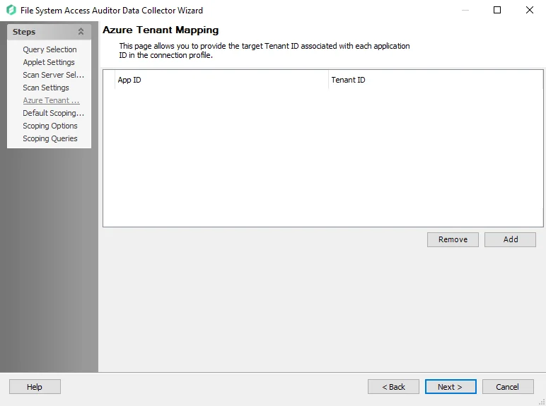 FSAA Data Collector Wizard Azure Tenant Mapping page