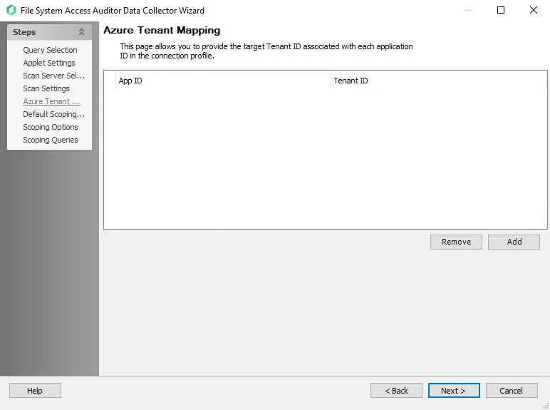FSAA Data Collector Wizard Azure Tenant Mapping page