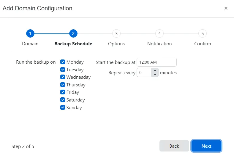 Add Domain Configuration wizard - Backup Schedule page