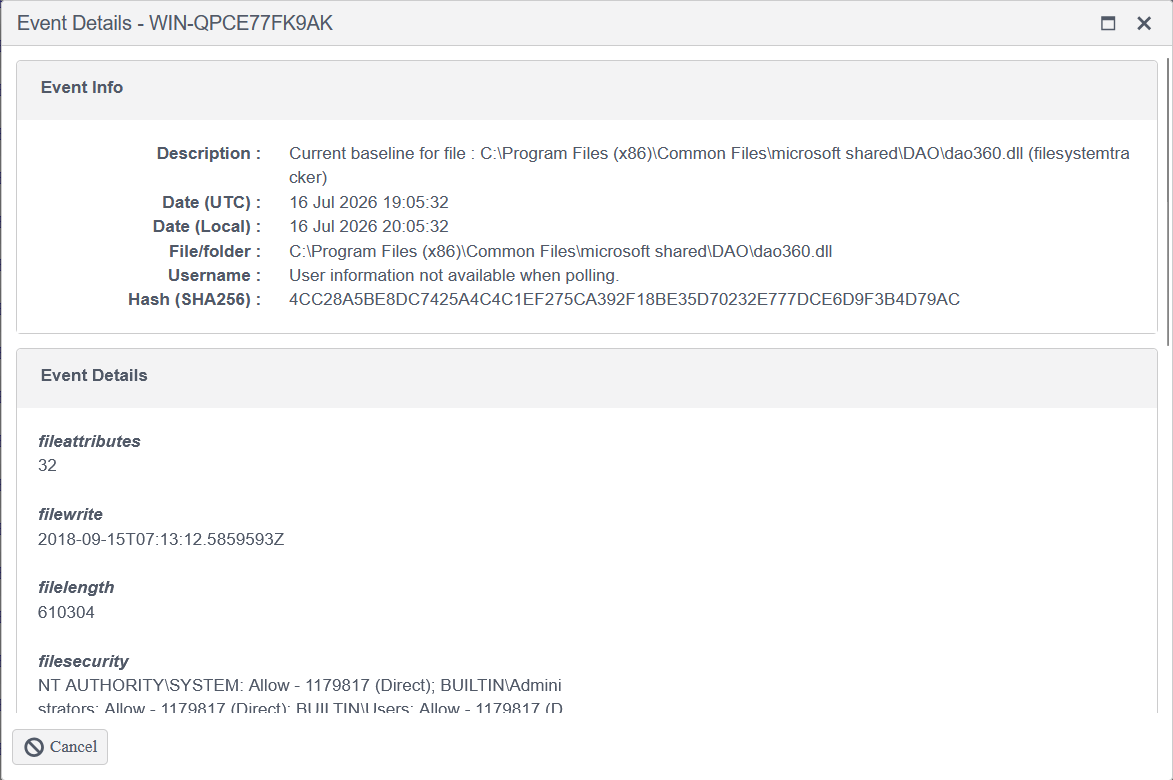File attributes captured in a baseline event