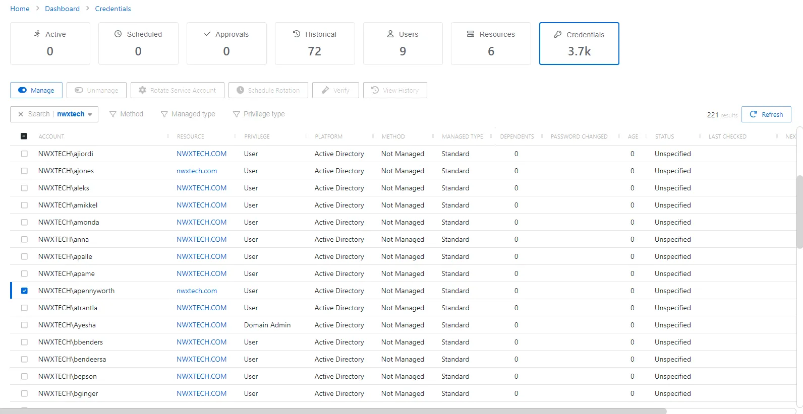 Select a User to manage account