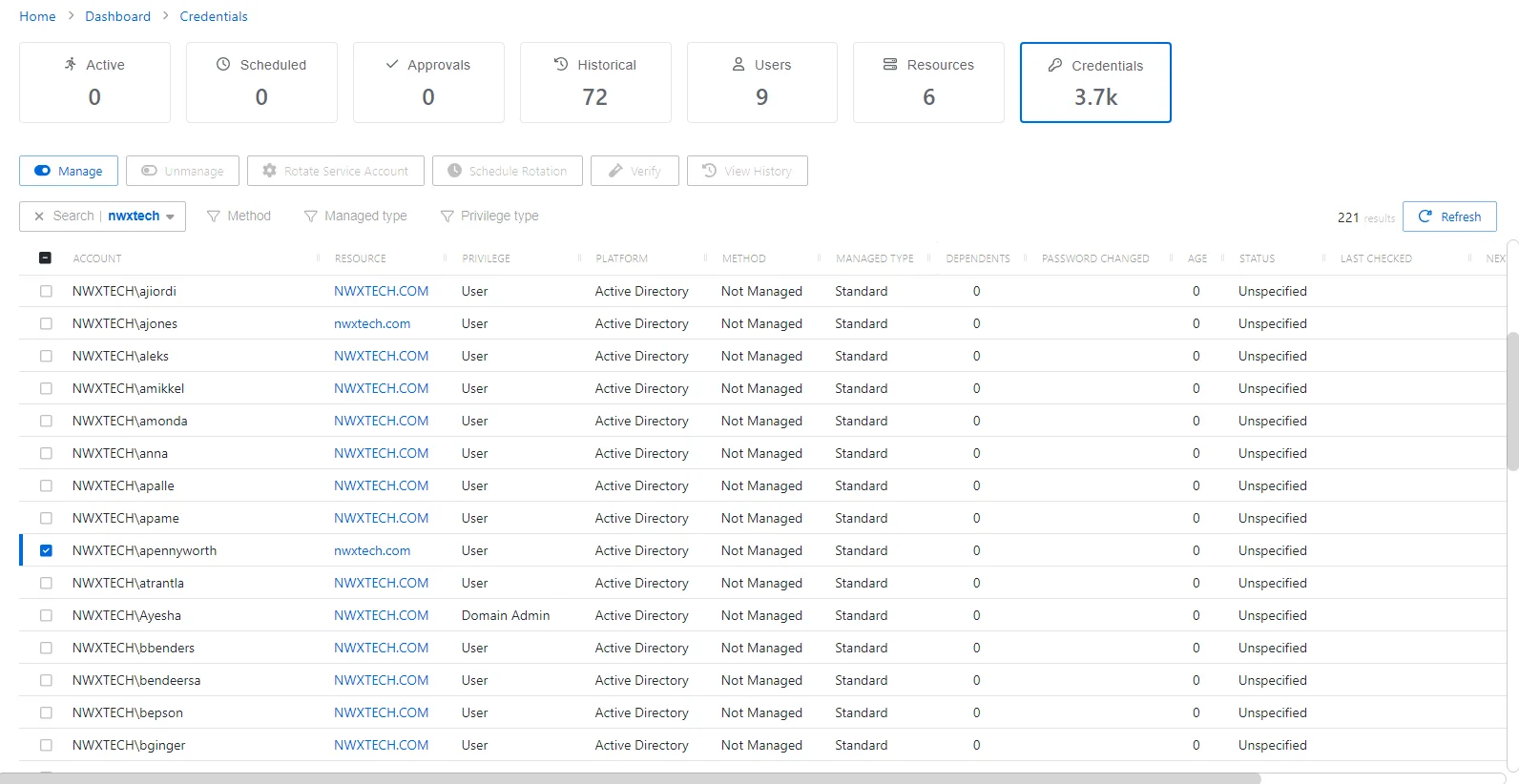 Select a User to manage account