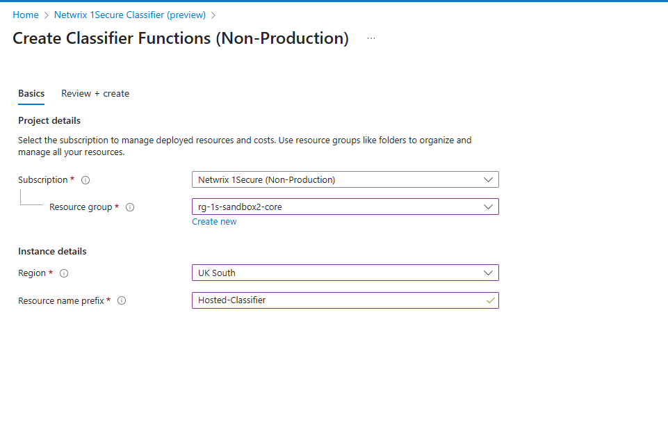 The configuration screen for deploying the 1Secure classifier app