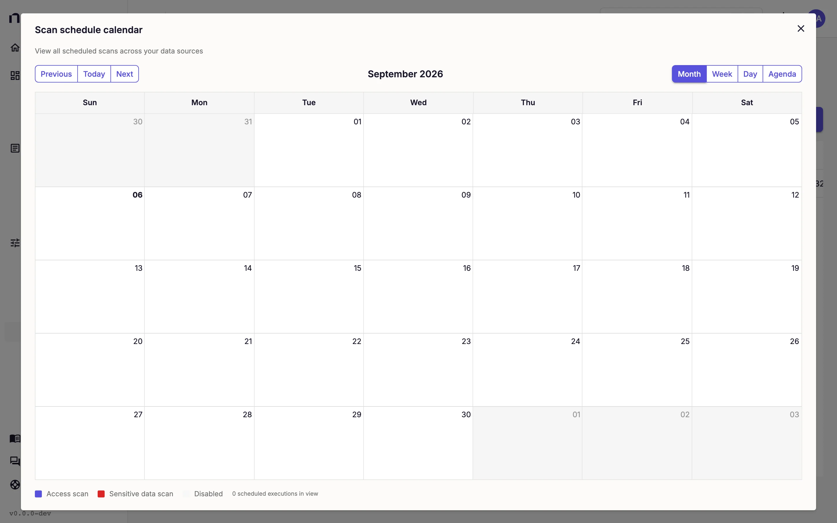 Scan schedule calendar dialog showing a month grid with Previous, Today, Next, and month/week/day/agenda controls