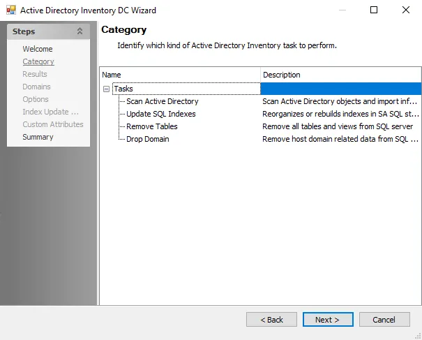 Active Directory Data Collector Wizard Category page