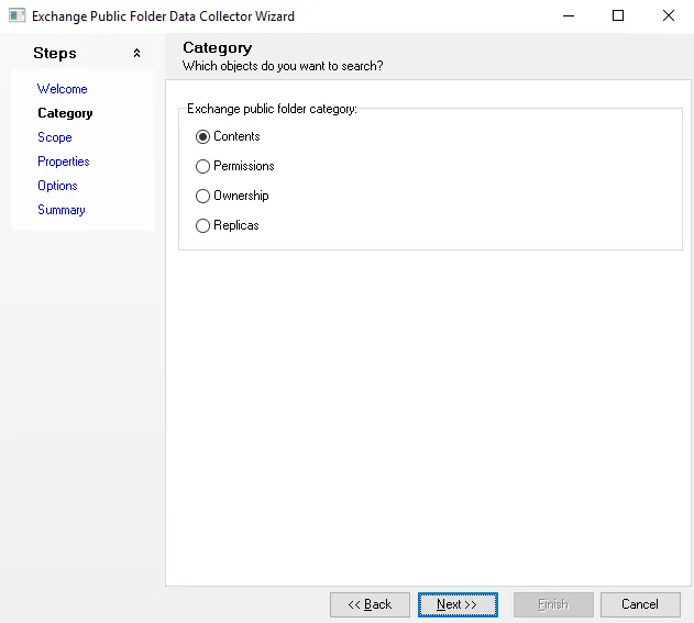 Exchange Public Folder Data Collector Wizard Category page