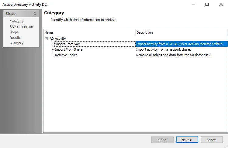Active Directory Activity DC wizard Category page