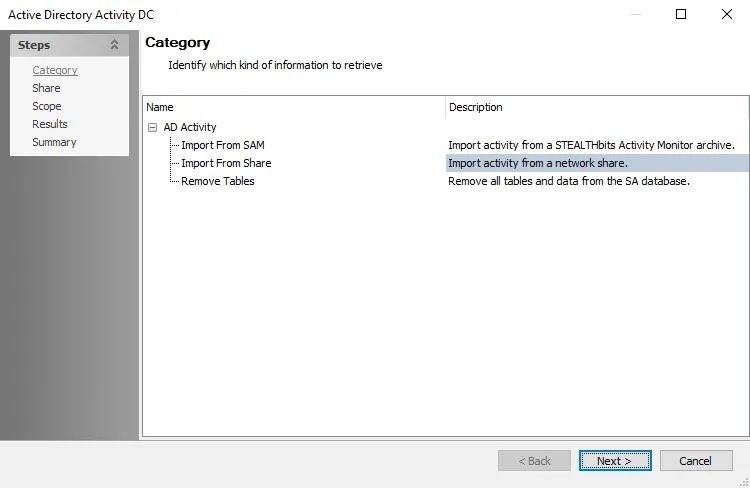 Active Directory Activity DC wizard Category page