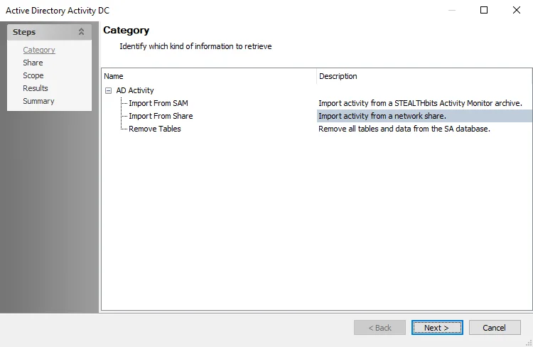 Active Directory Activity DC wizard Category page