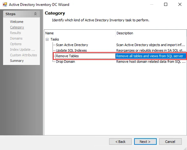 Active Directory Activity DC wizard Category page