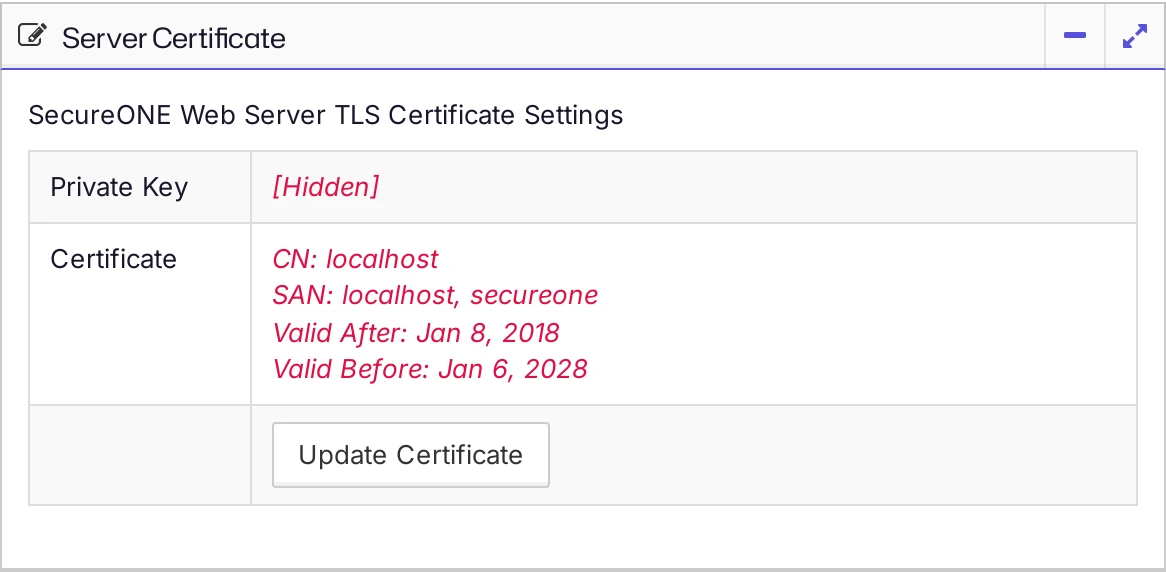 The Server Certificate panel with the default certificate for localhost