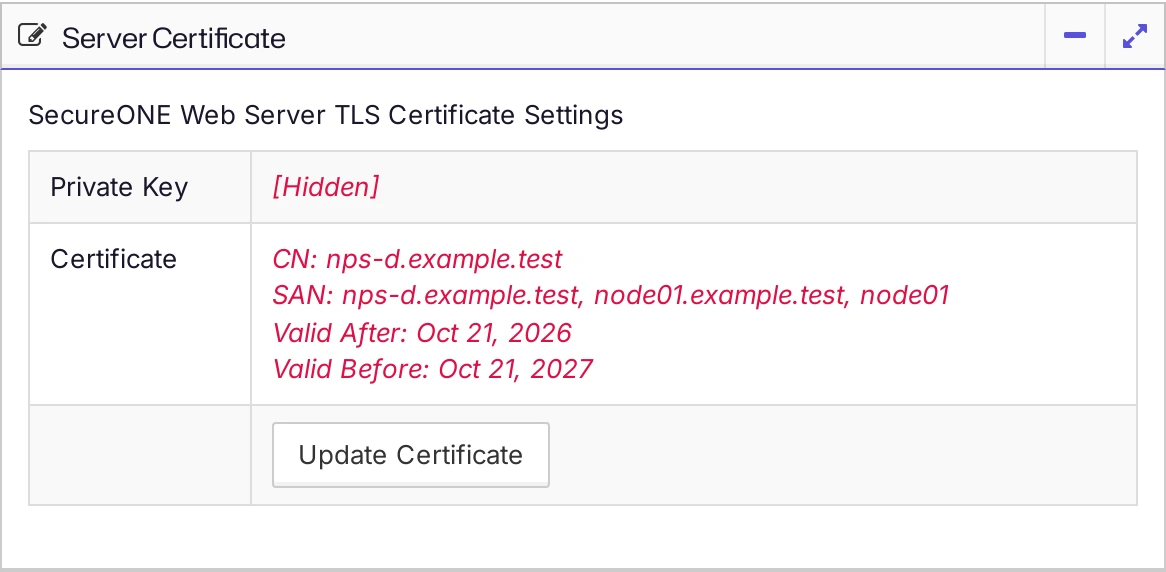 The Server Certificate panel after the new certificate is saved