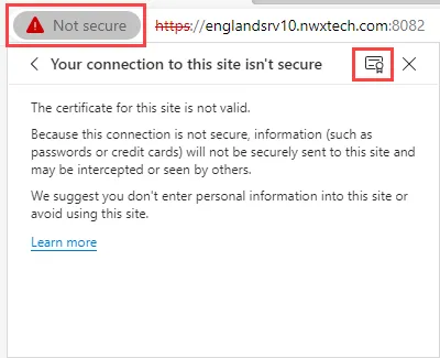 Access Certificat Viewer from Not Secure error in Microsoft Edge address bar