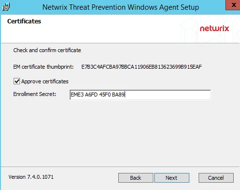 StealthINTERCEPT Windows Agent Setup wizard on the Certificates page