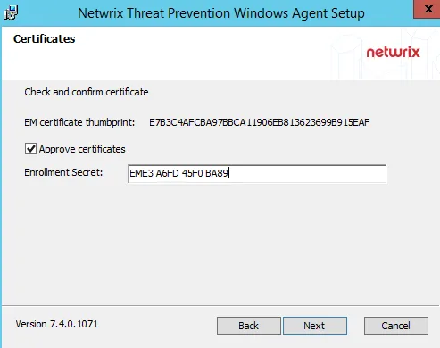 Installation Certificates Window