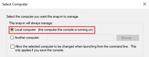 Microsoft Management Console Certificates snap-in Select Computer dialog
