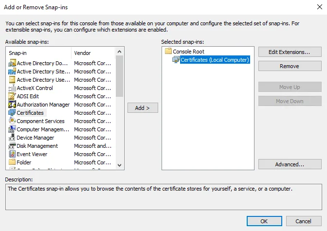 Microsoft Management Console Certificates Add or Remove Snap-ins window