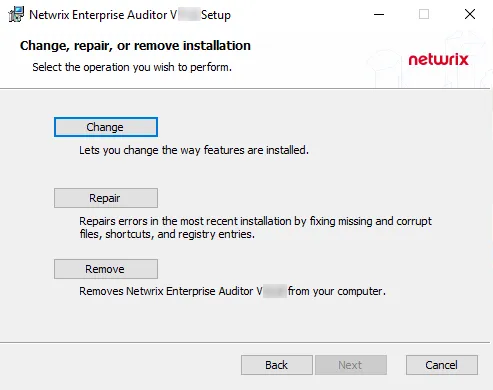 Setup Wizard Change, Repair, or Remove Installation page