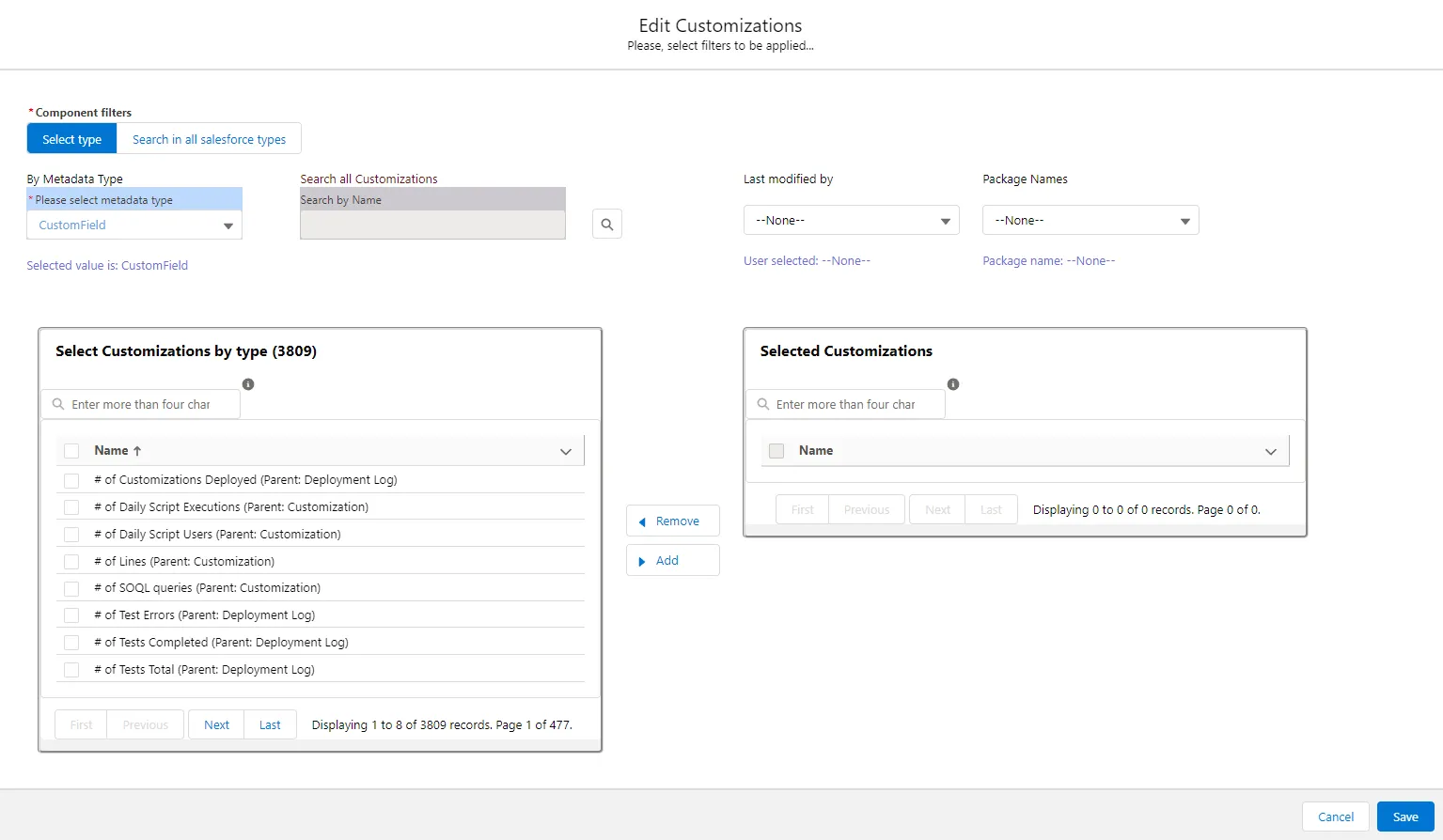Enter filters to search for customizations