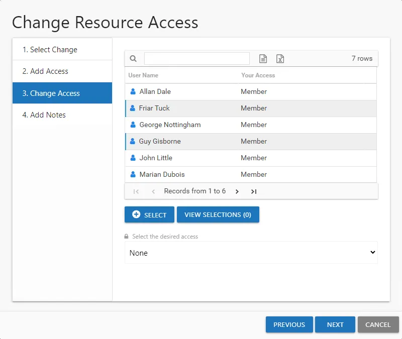 Change Resource Access wizard 3. Change Access page