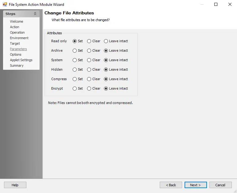 File System Action Module Wizard Change File Attributes Parameters page