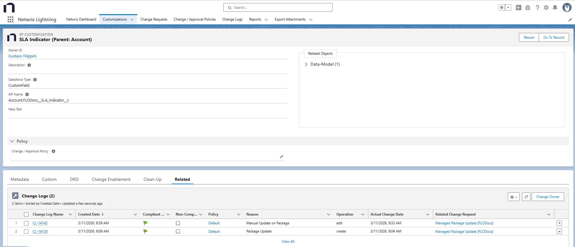 Customization record showing owner
