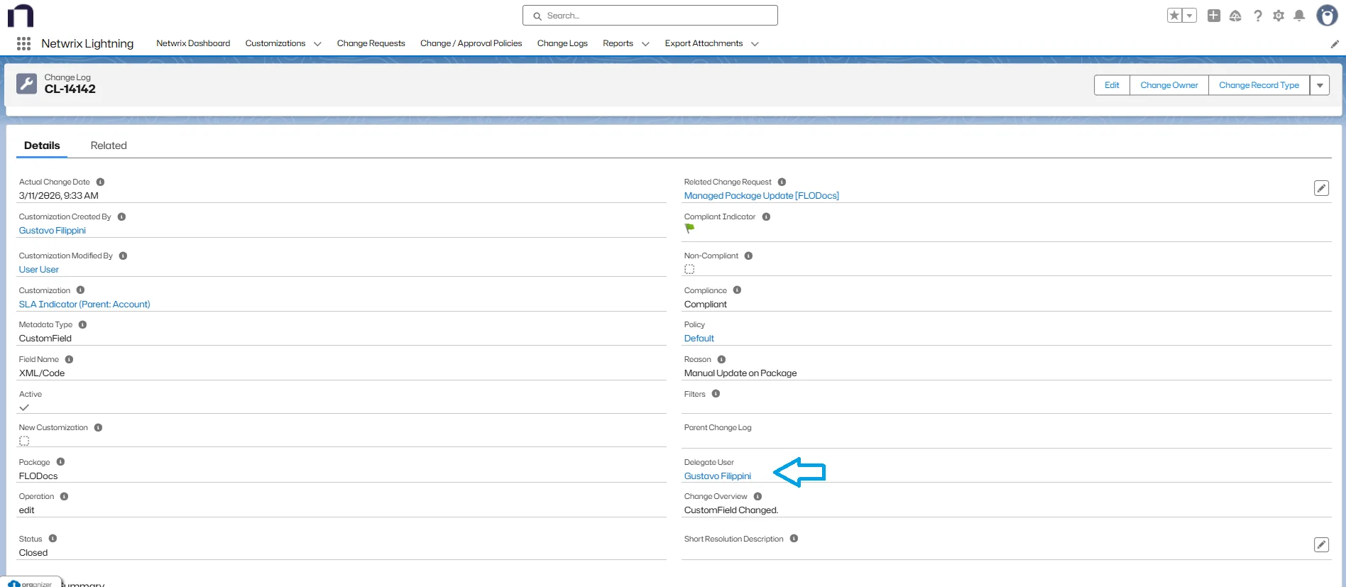 Delegate User in Change Log