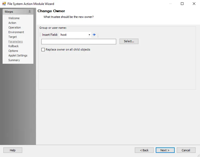 File System Action Module Wizard Change Owner Parameters page