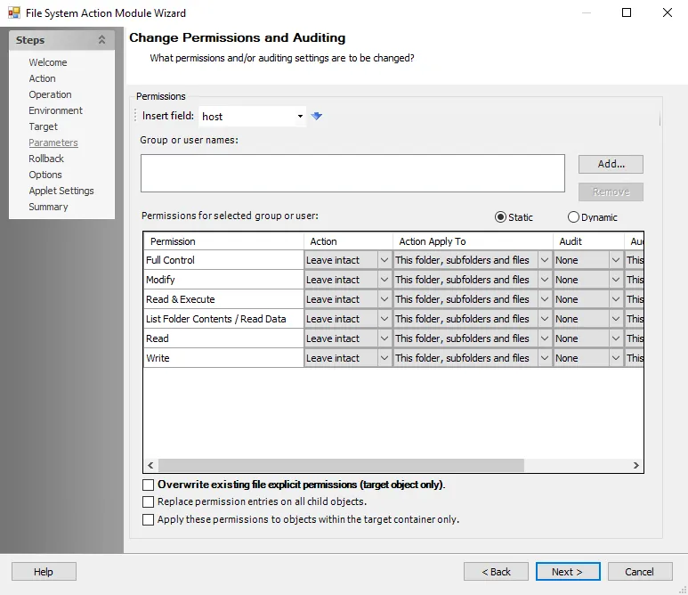 File System Action Module Wizard Change Permissions and Auditing Parameters page