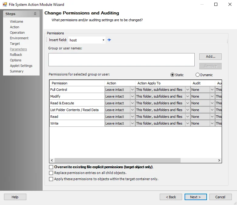 File System Action Module Wizard Change Permissions and Auditing Parameters page