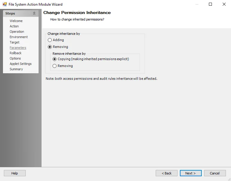 File System Action Module Wizard Change Permissions Inheritance Parameters page