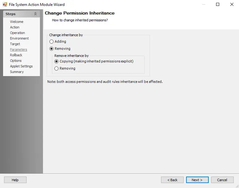 File System Action Module Wizard Change Permissions Inheritance Parameters page