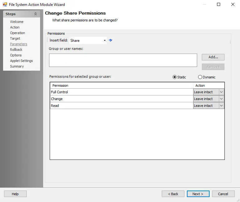 File System Action Module Wizard Change Share Permissions Parameters page