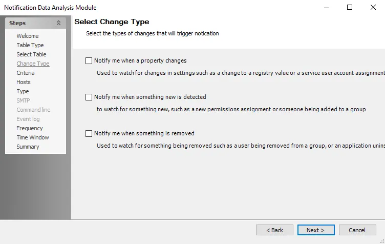 Notification Data Analysis Module wizard Select Change Type page