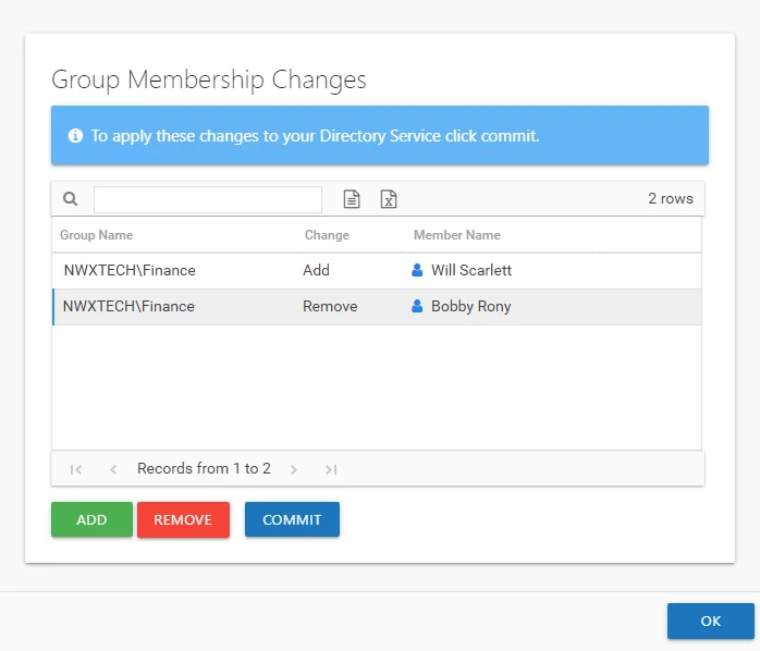 Group Membership Changes window