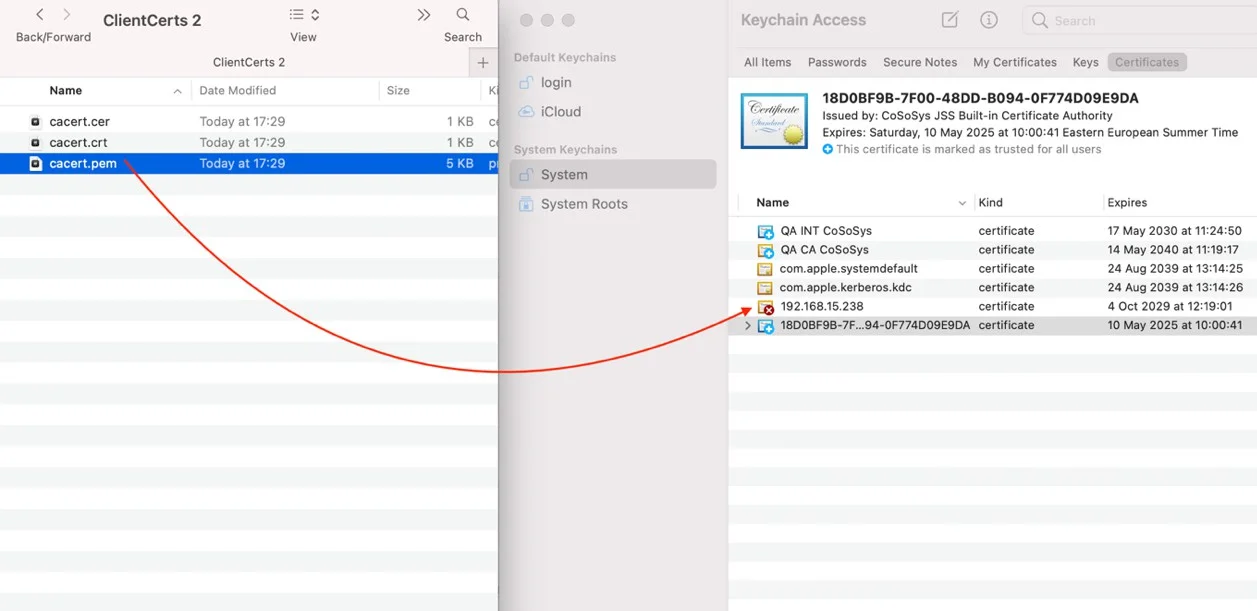 Select cacert.pem ﬁle and drag and drop it on Keychain Access, System