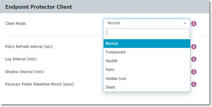 Select from the drop-down list a client mode to deﬁne the Endpoint Protector Client behavior.