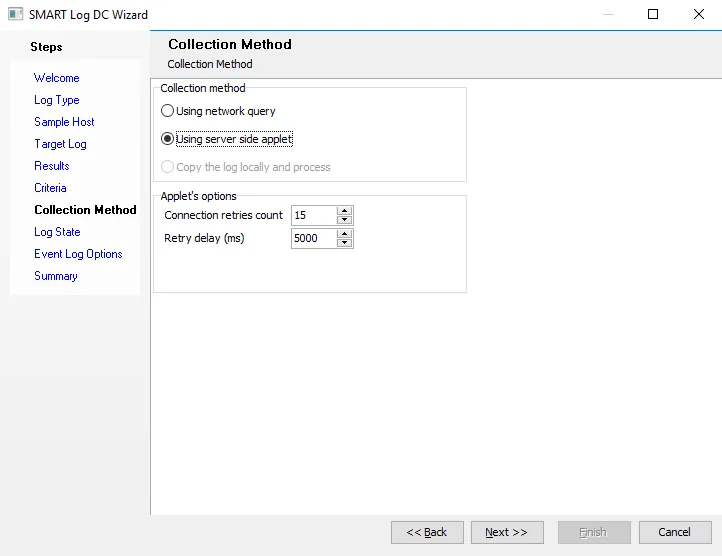 SMART Log DC Wizard Collection Method page