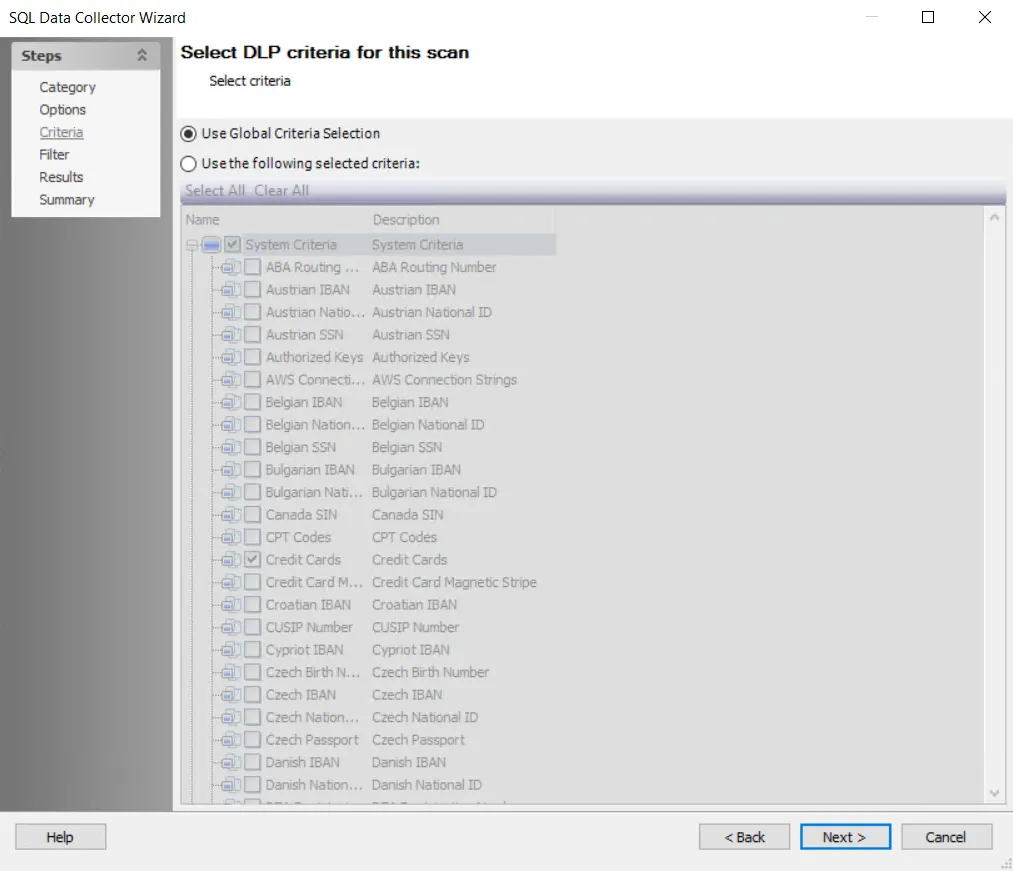 Select DLP Criteria for Scan
