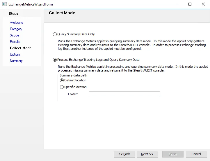Exchange Metrics Data Collector Wizard Collect Mode page