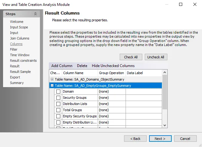 View and Table Creation Analysis Module wizard Result Columns page
