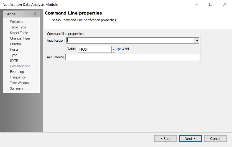 Notification Data Analysis Module wizard Command Line properties page