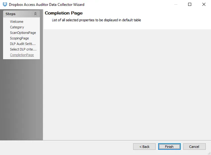 Dropbox Access Auditor Data Collector Wizard Completion page