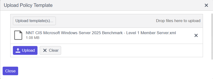 Uploading a compliance report template with a CIS benchmark name
