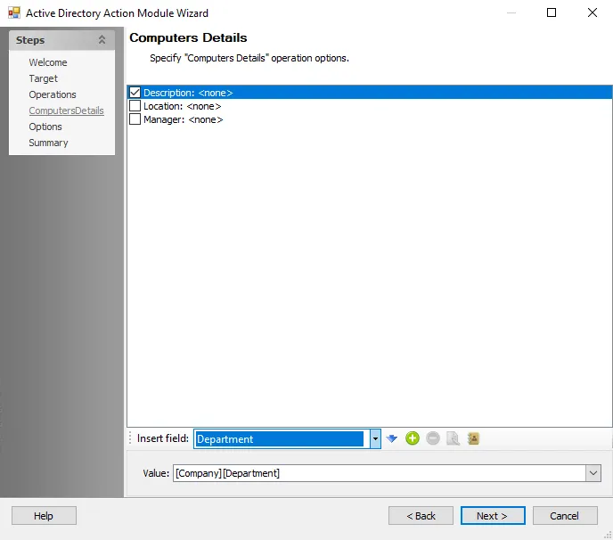 Active Directory Action Module Wizard Computer Details page