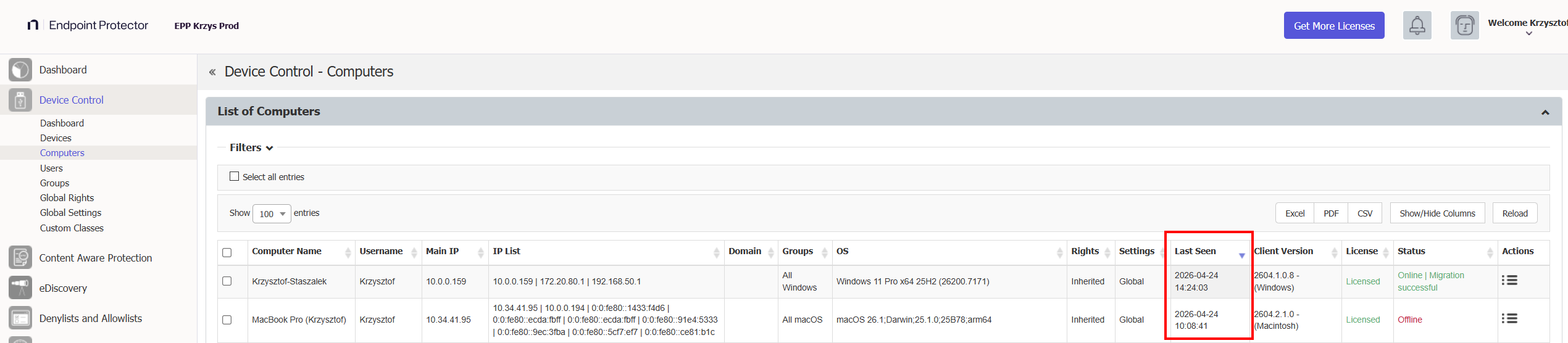 Device Control → Computers — sorted by Last Seen, recent endpoint check-ins