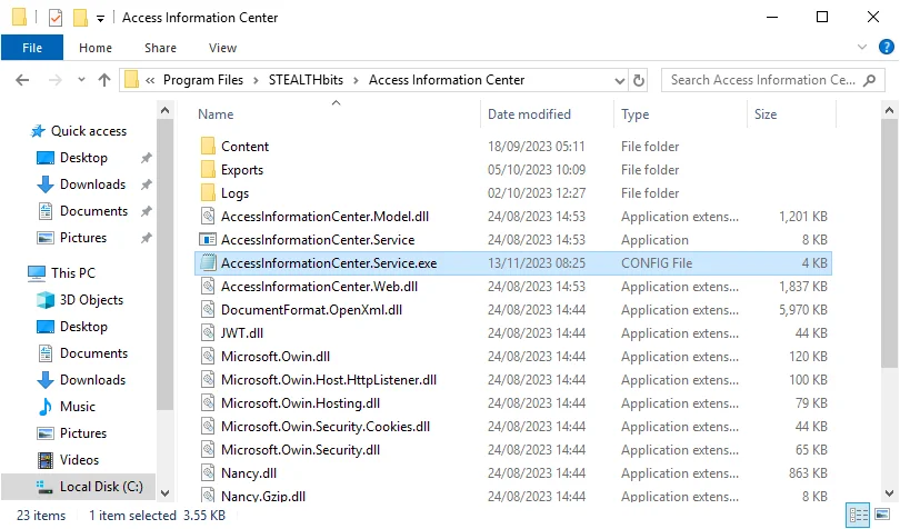 AccessInformationCenter.Service.exe config file in File Explorer
