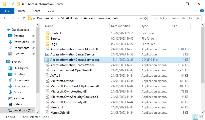 AccessInformationCenter.Service.exe config file in File Explorer